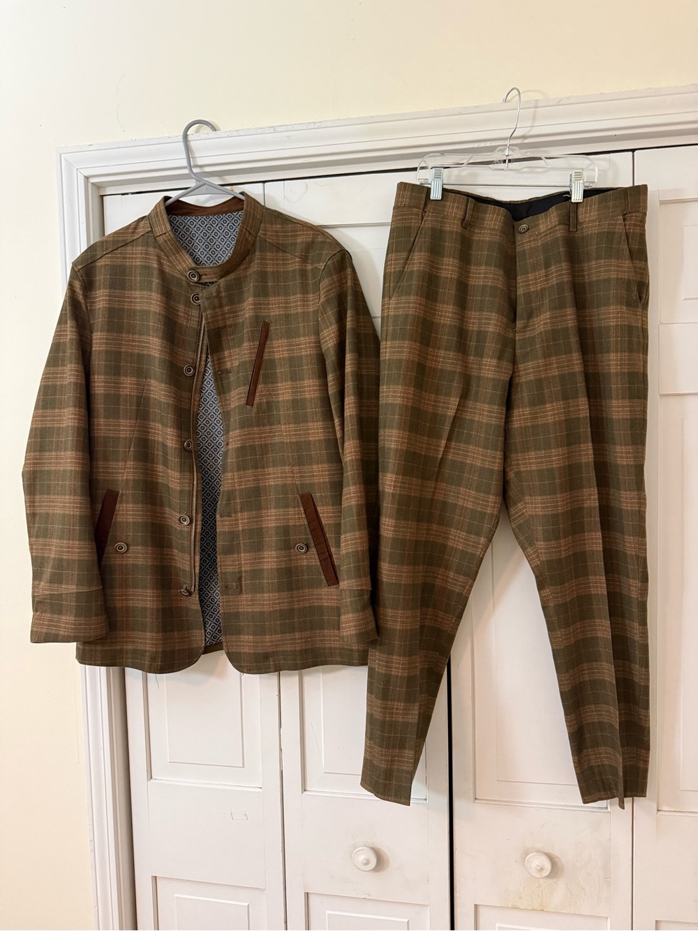 Steven Land Plaid 2Piece Suit Mens Medium Racer Windowpane Full Zip Button Lined